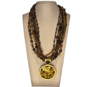 Chico's Multi-Stranded Pendant Necklace, Brown, Gold, EUC